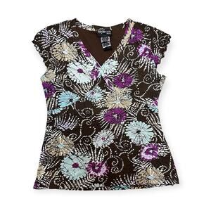 Style & Co Petite Brown Purple Floral Ruffle Short Sleeve V-Neck Top Size Medium